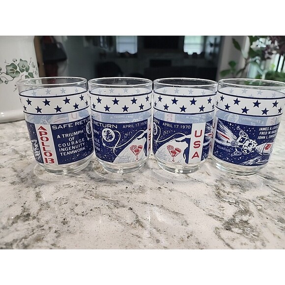 Apollo Lunar Mission Glasses Set of 4 Apollo 13 Lovell, Haise, Swigert - Picture 1 of 4